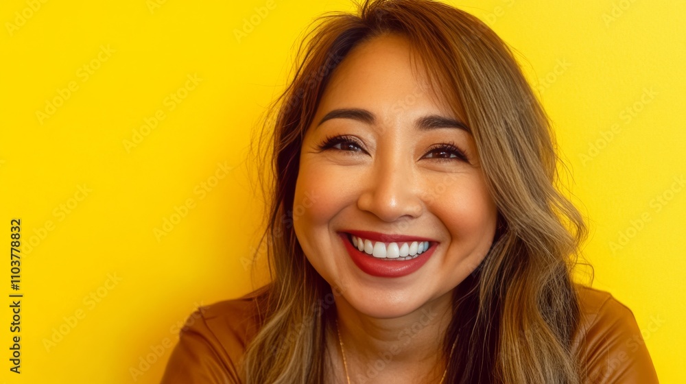 A half-body portrait of a cheerful of asian woman smiling brightly. A half-body portrait of a cheerful of asian woman smiling brightly.