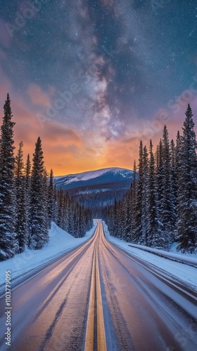 Snowy Road Under Milky Way: A winding road through a snowy forest under a breathtaking sky, with the milky way in the background. The icy road, lined with tall evergreen trees.