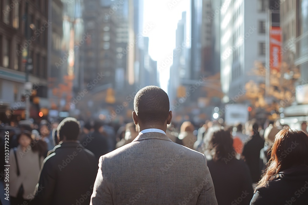 Back View Businessman Walking in Sunny City Crowd Back View Businessman Walking in Sunny City Crowd