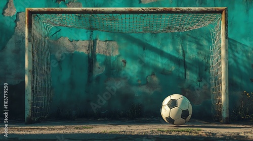 A weathered soccer goal stands against a teal wall, a lone ball resting in front.  A scene of quiet determination.