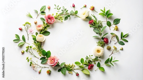 Round Frame Wreath Pattern Featuring Fresh Flower Buds, Branches, and Leaves on a Clean White Background for Conceptual Floral Photography