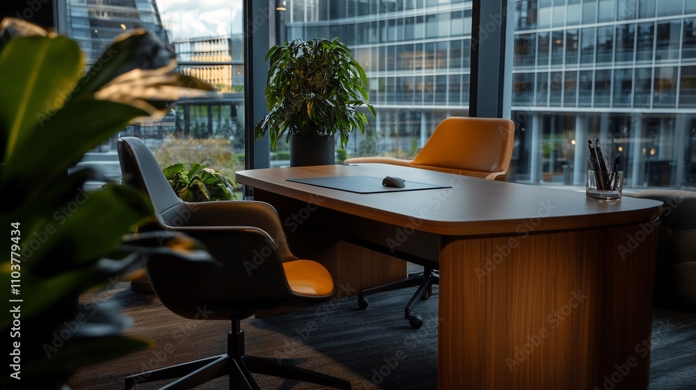 Modern Office Interior Design: Desk, Chairs, Plants, City View Modern Office Interior Design: Desk, Chairs, Plants, City View