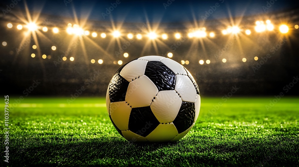 Fototapeta premium Soccer ball on a green field at night under stadium lights.