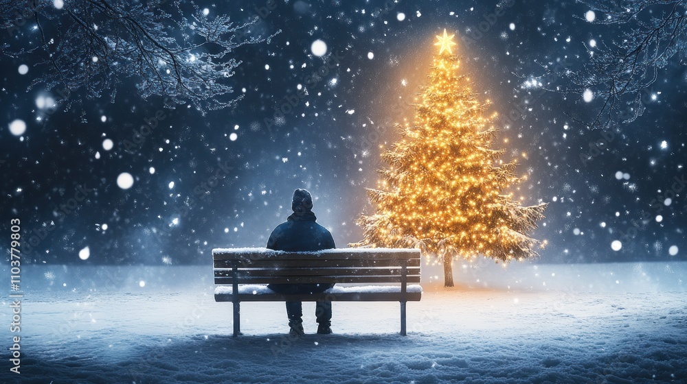 A person sits on a bench, gazing at a lit Christmas tree in snow. A person sits on a bench, gazing at a lit Christmas tree in snow.