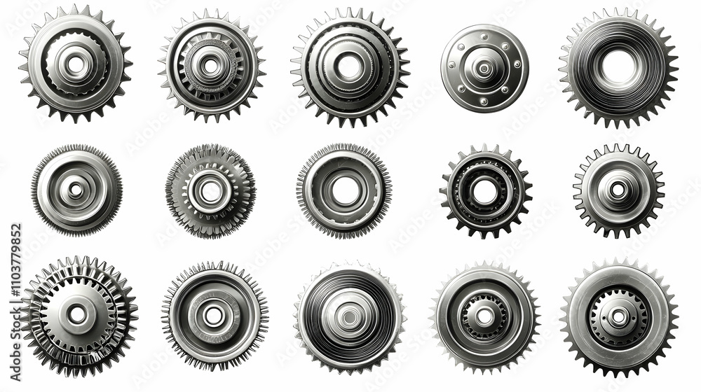 Collection of Metallic Gears, Industrial Cogwheels, Precision Engineering, Mechanical Parts, Isolated on White Background Collection of Metallic Gears, Industrial Cogwheels, Precision Engineering, Mechanical Parts, Isolated on White Background