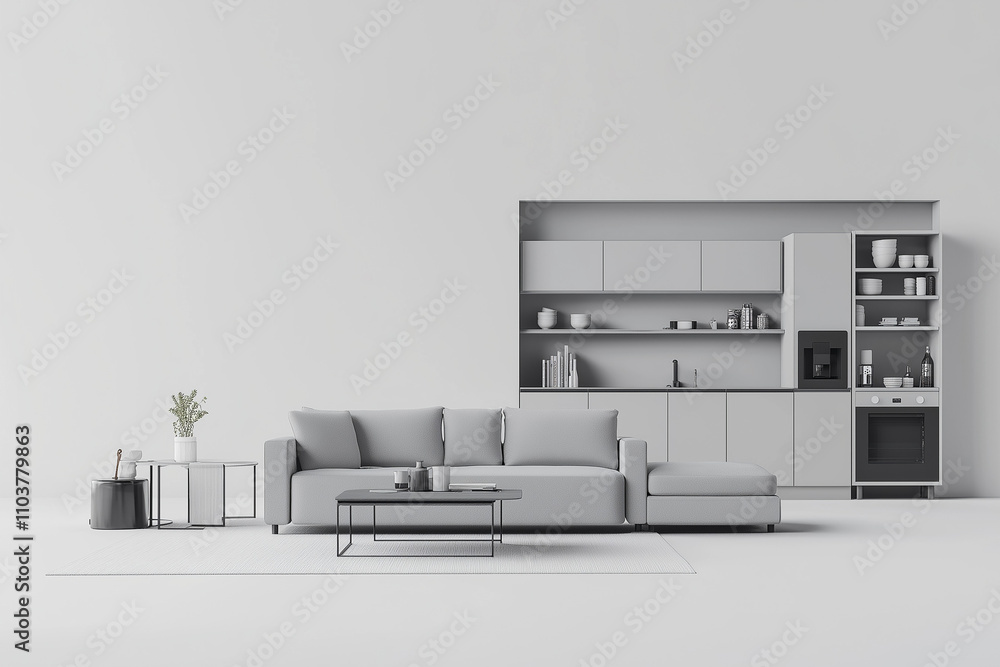 Modern interior of a living room and kitchen in light gray tones, featuring a sofa, coffee table, bookcase, storage cabinets, and accessories on a white background Modern interior of a living room and kitchen in light gray tones, featuring a sofa, coffee table, bookcase, storage cabinets, and accessories on a white background