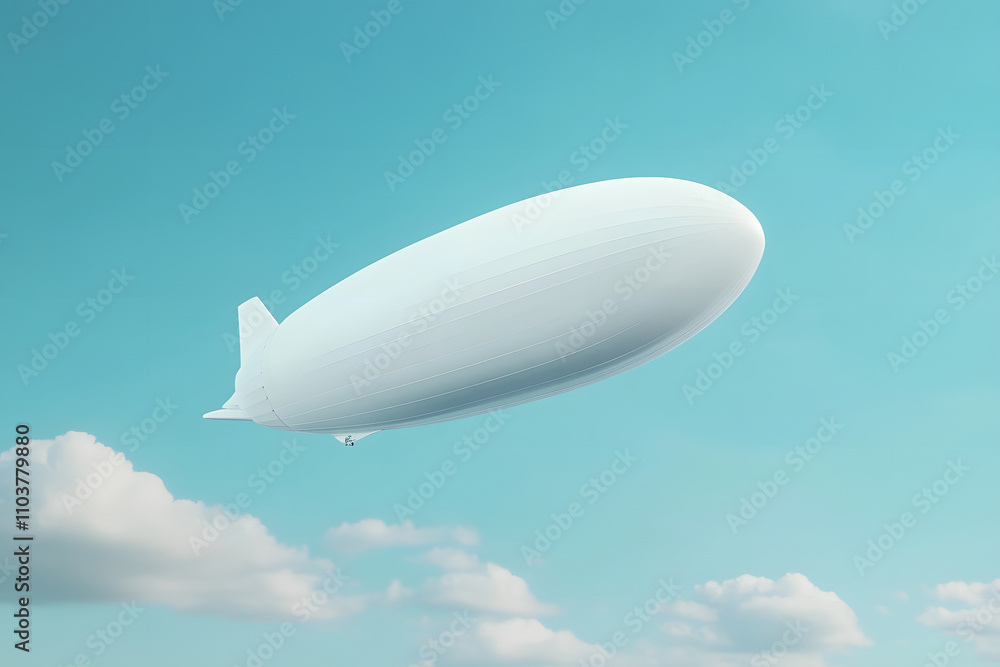 A sleek, white airship floating in a clear blue sky with fluffy clouds.
