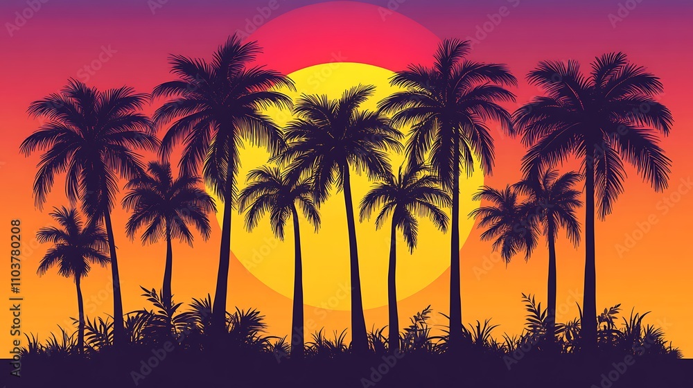 Silhouetted palm trees at sunset. Warm colors create a tropical vibe. Silhouetted palm trees at sunset. Warm colors create a tropical vibe.