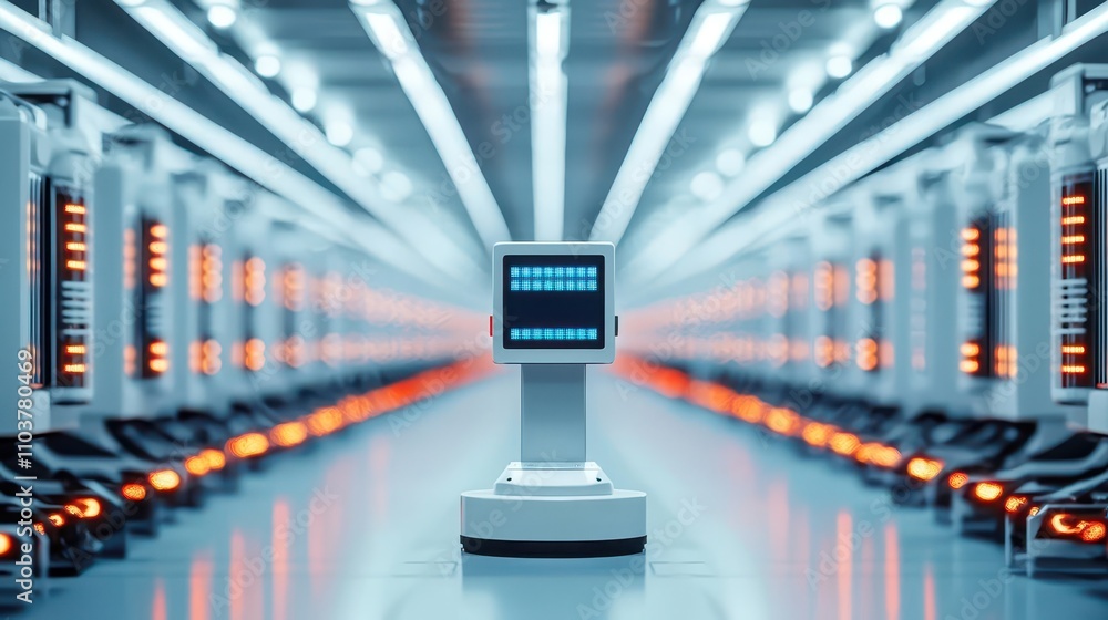 Naklejka premium Smart warehouse with integrated robotics and AI optimizing stock handling and logistics throughput, Smart robotic logistics, Innovative, efficient, scalable