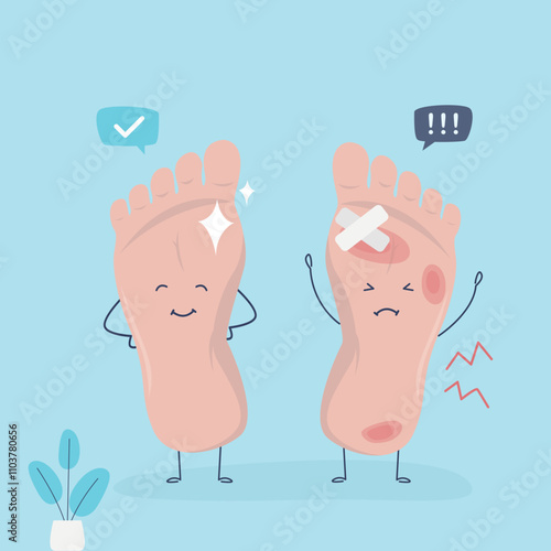 Comparison healthy and sick footstep mascots. Unpleasant smell from bacteria and dirty feet with problem skin. Patient feet with allergic reaction like dermatitis.