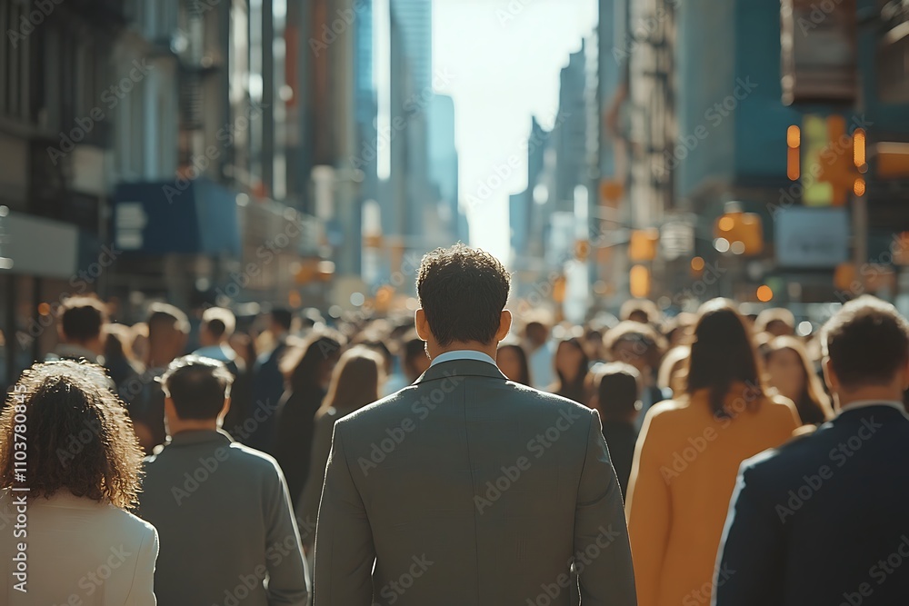 Back View Man Walking City Street Crowd Sunlight Back View Man Walking City Street Crowd Sunlight