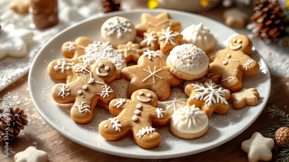 Christmas cookies, festive shapes on a white plate. Christmas cookies, festive shapes on a white plate.