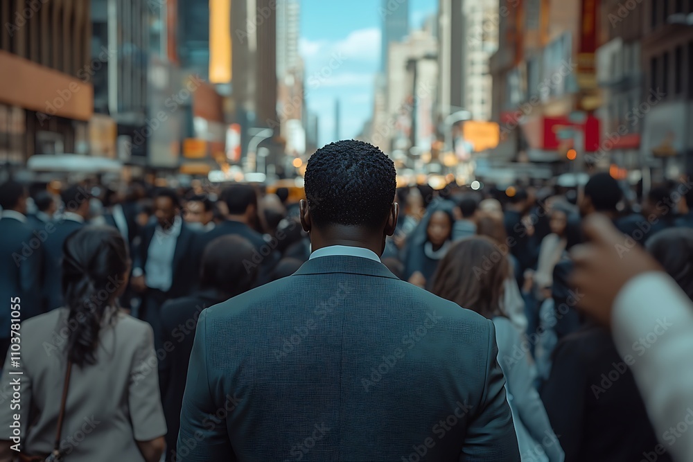 Back View Man Walking Through Busy City Street Crowd Back View Man Walking Through Busy City Street Crowd