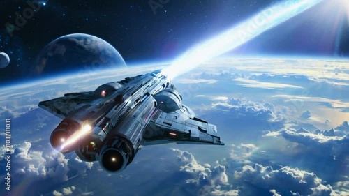 Wallpaper Mural A spaceship leaving the atmosphere of Earth, with the planet gradually shrinking as it moves through the clouds and enters the vastness of space, leaving a trail of light in its wake Torontodigital.ca