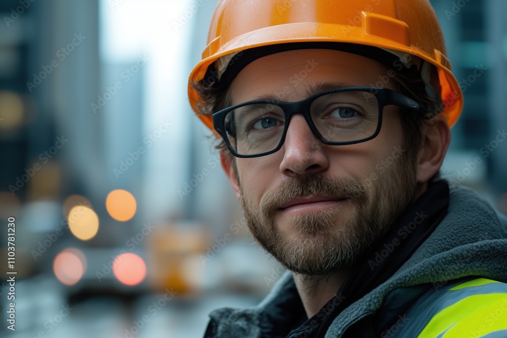 Construction worker with an orange hard hat and glasses outdoors Construction worker with an orange hard hat and glasses outdoors