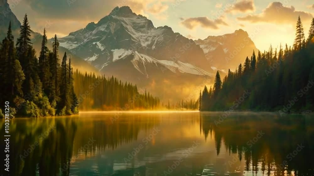 Film a tranquil mountain lake surrounded by towering peaks, with mist rising from the surface of the water and the sun slowly emerging from behind the mountains, illuminating the surrounding evergreen Film a tranquil mountain lake surrounded by towering peaks, with mist rising from the surface of the water and the sun slowly emerging from behind the mountains, illuminating the surrounding evergreen