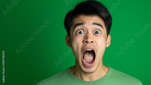 Screaming Asian woman, copy space, single color background