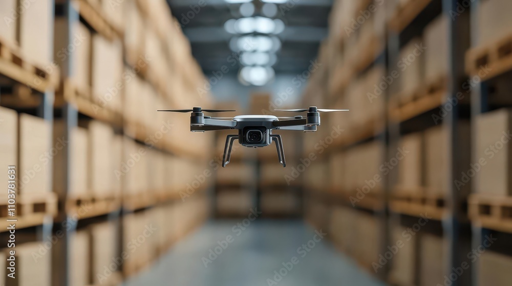 Food warehouse logistics system with autonomous drones performing stock checks and automating replenishment, Autonomous drone logistics, Futuristic, efficient, smart Food warehouse logistics system with autonomous drones performing stock checks and automating replenishment, Autonomous drone logistics, Futuristic, efficient, smart
