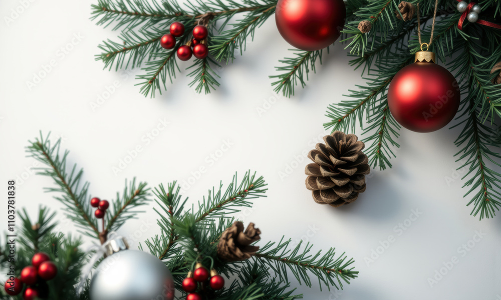 Christmas decoration with red ornaments, pine cones, and greenery evokes festive atmosphere. Perfect for holiday themes and seasonal celebrations Christmas decoration with red ornaments, pine cones, and greenery evokes festive atmosphere. Perfect for holiday themes and seasonal celebrations