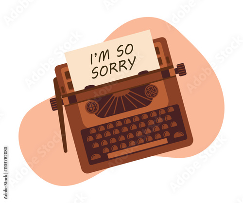 I'm so sorry typewriter lettering. Vector of a typewriter and a sheet of paper with Apologies.