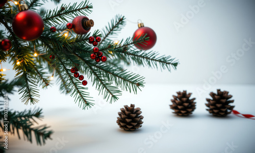 festive Christmas scene featuring pine cones, red ornaments, and greenery, evoking warm holiday spirit. Perfect for seasonal decorations and celebrations