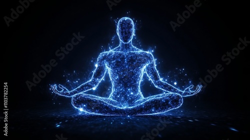 A glowing, blue figure meditating in a dark space, symbolizing tranquility, energy, and connection.