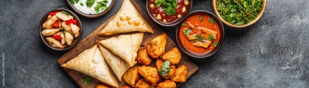 Elegant Spread of Spicy Indian Appetizers Like Pakoras and Samosas Indian food cuisine Elegant Spread of Spicy Indian Appetizers Like Pakoras and Samosas Indian food cuisine