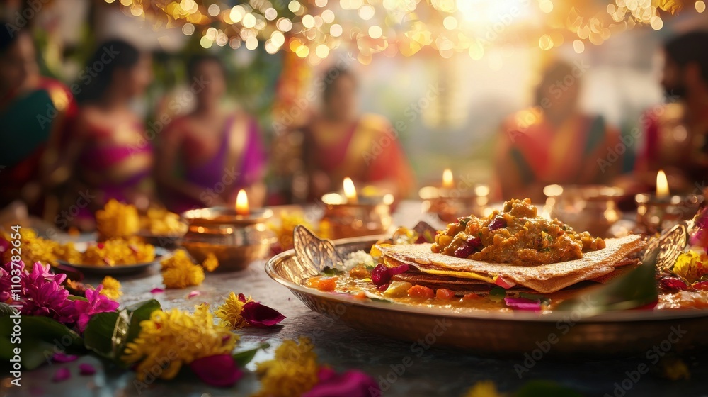 Vibrant Indian Dosa Platter with Chutney and Festive Decorations Indian food cuisine Vibrant Indian Dosa Platter with Chutney and Festive Decorations Indian food cuisine