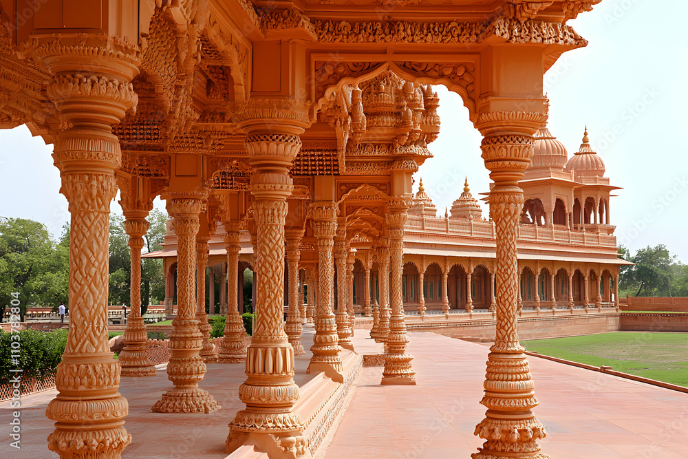 Fototapeta premium Intricate Orange Columns Frame Temple Courtyard