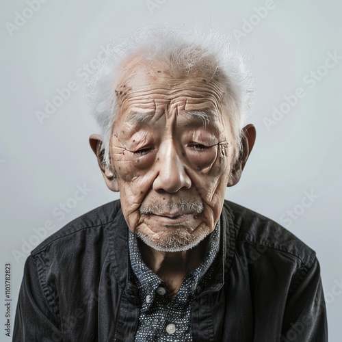 Elderly Asian man with white hair and deep wrinkles wearing a black jacket and patterned shirt, gazing thoughtfully at the camera in a neutral setting