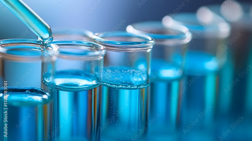 Close-up of test tubes filled with a vibrant blue liquid, showcasing scientific research. Close-up of test tubes filled with a vibrant blue liquid, showcasing scientific research.