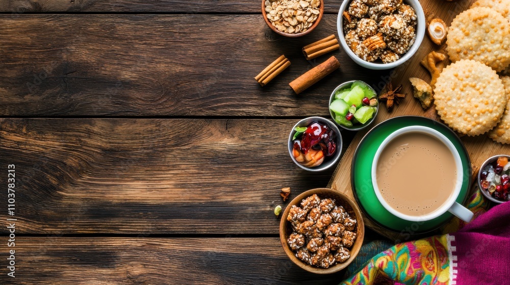 Cozy Breakfast Setting with Tea and Healthy Snacks on Wooden Table Indian food cuisine Cozy Breakfast Setting with Tea and Healthy Snacks on Wooden Table Indian food cuisine