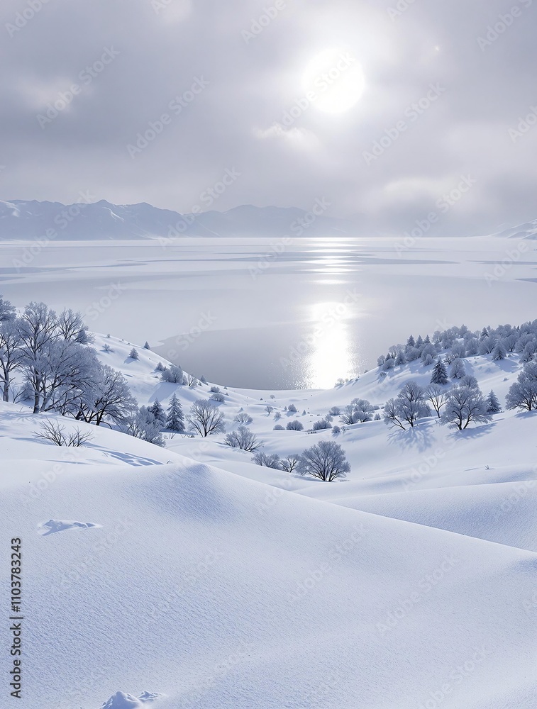 Obraz premium A peaceful winter landscape with snow-covered hills and a frozen lake in the distance, serene scenery, , frosty mornings, frozen lakes, cold weather