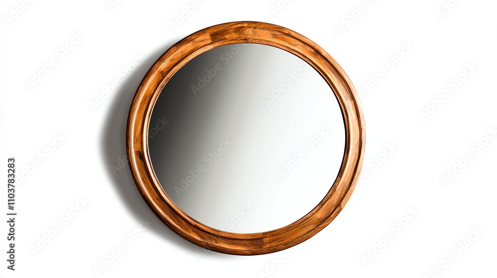 Round wooden mirror with reflective glass, white isolate background. Round wooden mirror with reflective glass, white isolate background.