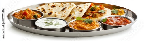 Beautifully Arranged Indian Thali with Naan and Colorful Curries Indian food cuisine