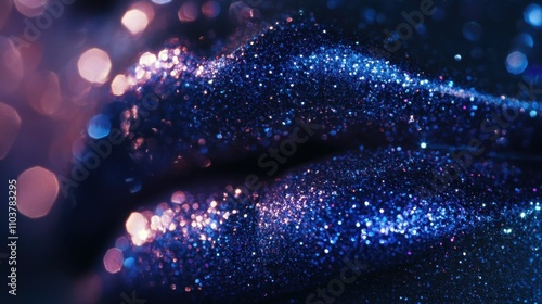 Detailed shot of glitter-covered lips shimmering under bright light, ideal for luxury beauty and bold fashion concepts.