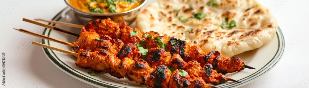 Vibrant Tandoori Skewers with Fluffy Naan and Delicious Sauce Indian food cuisine Vibrant Tandoori Skewers with Fluffy Naan and Delicious Sauce Indian food cuisine