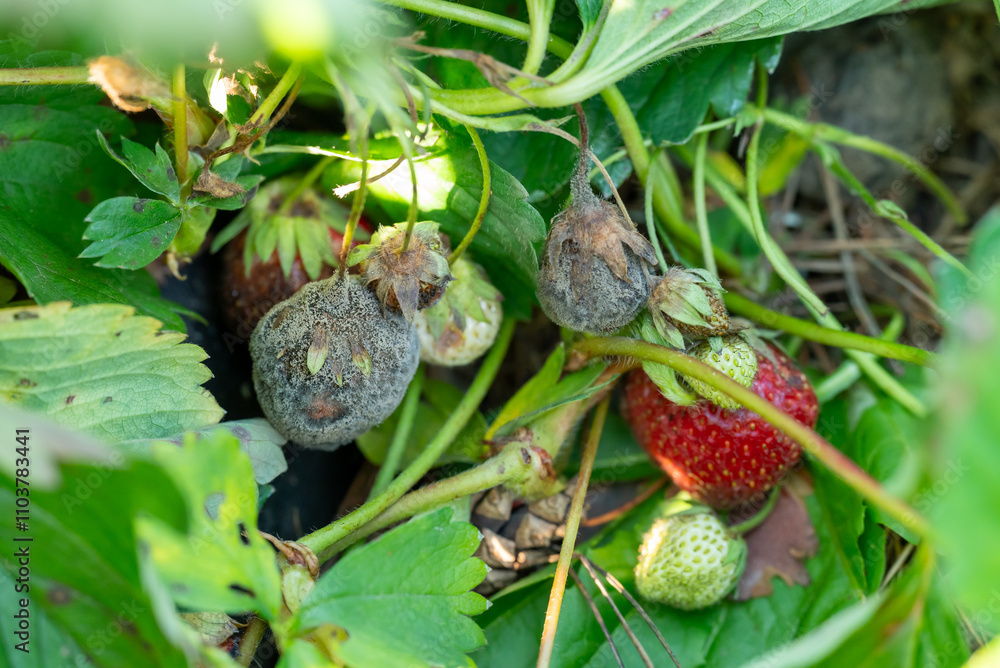 Spoiled rotten strawberry in the garden. Mold on strawberry berries, fungus on harvest because of heavy rains Spoiled rotten strawberry in the garden. Mold on strawberry berries, fungus on harvest because of heavy rains