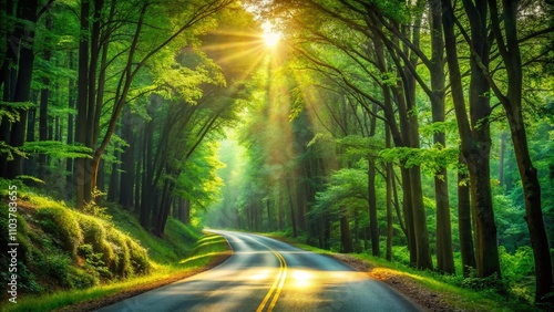 Scenic Asphalt Road Winding Through Lush Green Forest Leading to a Hilltop, Perfect for Nature and Travel Concepts, Isolated on a Clean Background