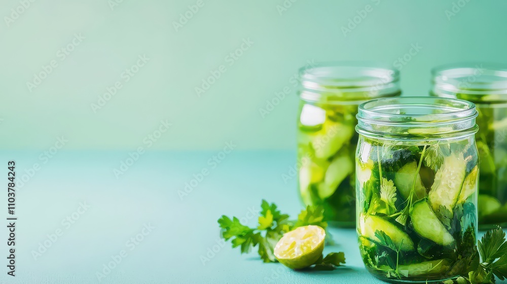 Fresh Green Pickles in Jars with Cilantro and Lime on Blue Surface Indian food cuisine Fresh Green Pickles in Jars with Cilantro and Lime on Blue Surface Indian food cuisine
