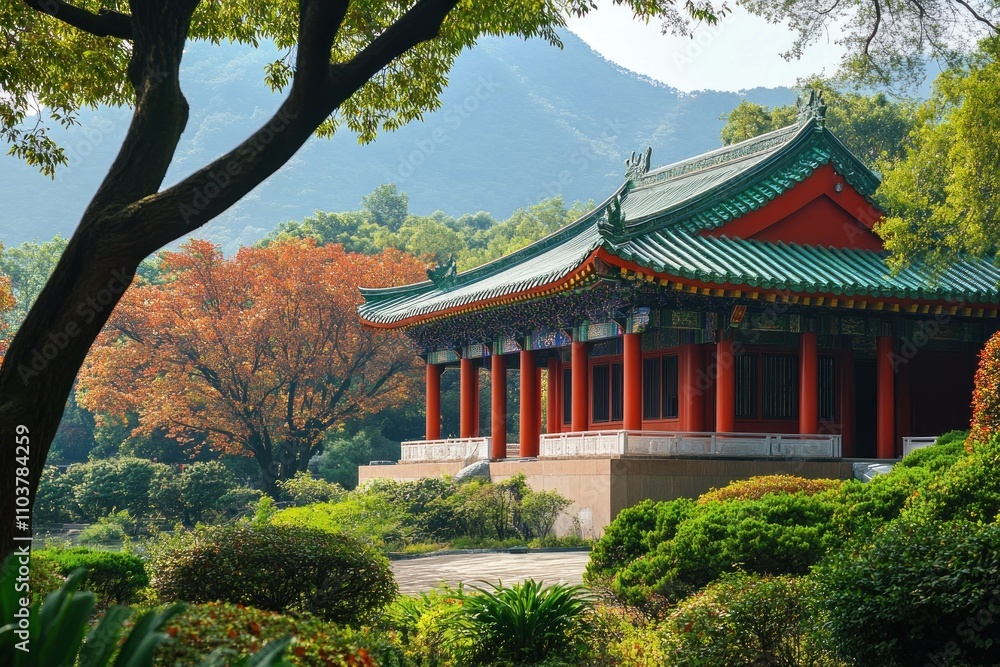 Traditional Chinese pavilion in a lush garden surrounded by trees Traditional Chinese pavilion in a lush garden surrounded by trees