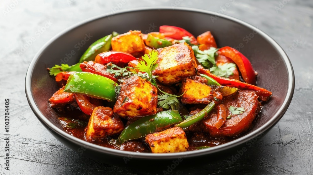 Colorful Paneer Dish with Vegetables and Spices in Black Bowl Indian food cuisine Colorful Paneer Dish with Vegetables and Spices in Black Bowl Indian food cuisine