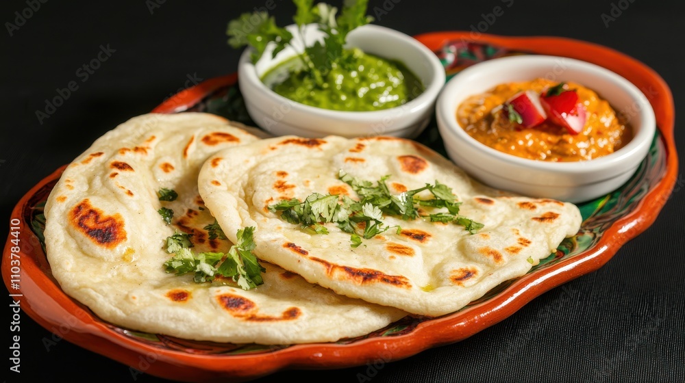Freshly Made Naan Bread with Green Sauce and Spicy Dip Indian food cuisine Freshly Made Naan Bread with Green Sauce and Spicy Dip Indian food cuisine