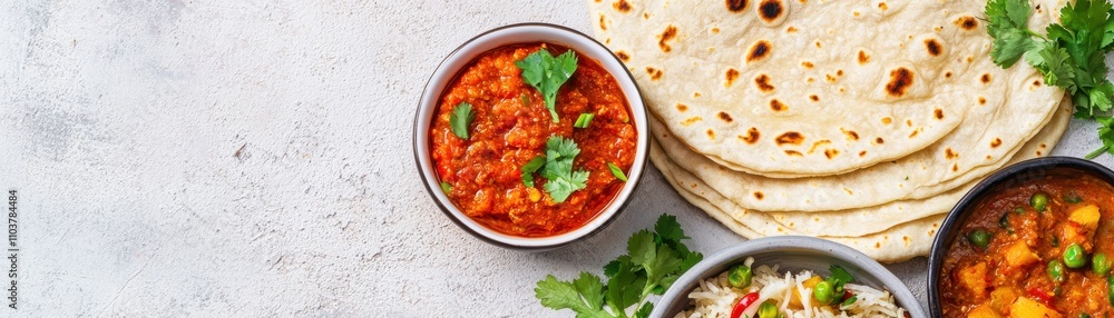 Fresh Indian Cuisine with Flatbread and Flavorful Sauces Served Indian food cuisine Fresh Indian Cuisine with Flatbread and Flavorful Sauces Served Indian food cuisine