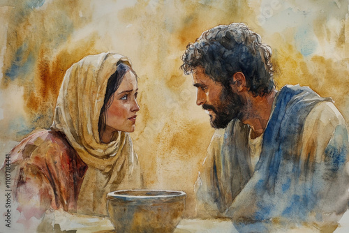 Jesus with the Samaritan woman at the well, their eyes meeting in a moment of understanding. The watercolor uses warm earth tones, soft blues, and a golden glow to convey spiritual revelation and photo