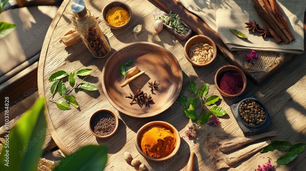 Vibrant Arrangement of Natural Spices and Herbs on Wooden Table Indian food cuisine Vibrant Arrangement of Natural Spices and Herbs on Wooden Table Indian food cuisine