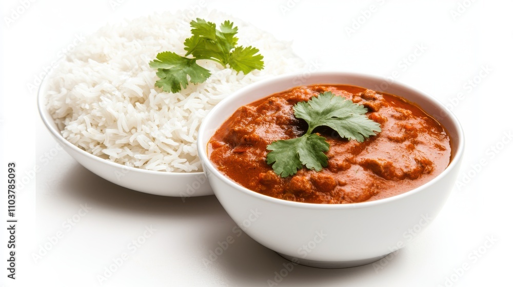 Delicious curry dish served with fluffy white rice and herbs Indian food cuisine Delicious curry dish served with fluffy white rice and herbs Indian food cuisine
