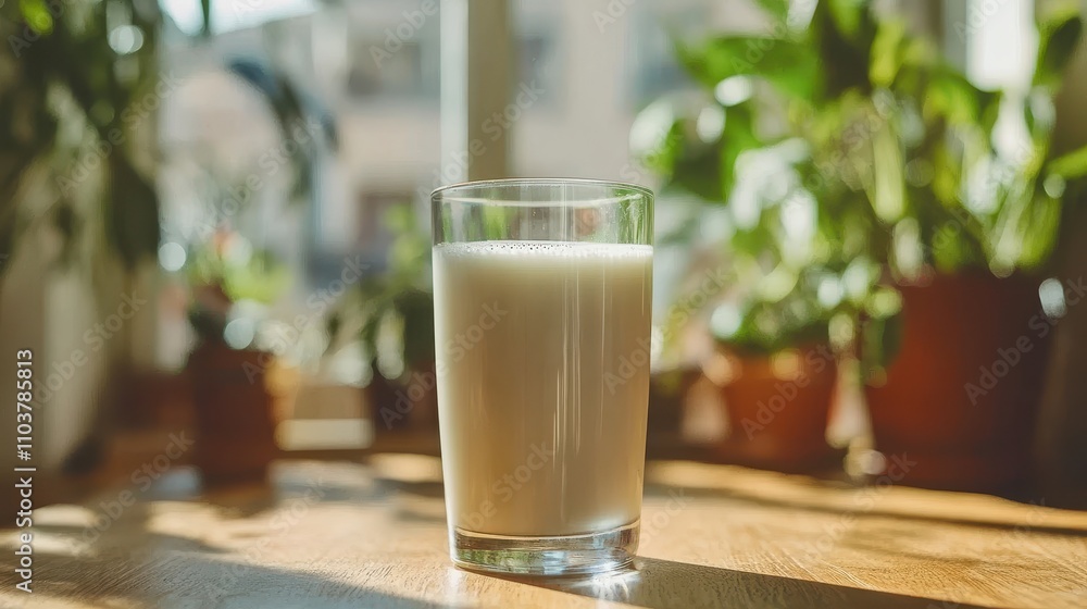 A chilled glass of milk on a wooden background, evoking a natural and comforting atmosphere A chilled glass of milk on a wooden background, evoking a natural and comforting atmosphere
