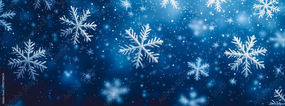 Closeup snowflakes falling on the blue background. Winter theme. Card and banner concept. Closeup snowflakes falling on the blue background. Winter theme. Card and banner concept.