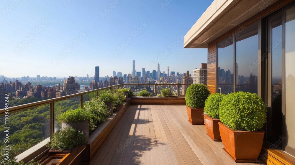 A chic modern balcony featuring wooden flooring, lush plants in elegant planters, and breathtaking city skyline views under a clear blue sky A chic modern balcony featuring wooden flooring, lush plants in elegant planters, and breathtaking city skyline views under a clear blue sky